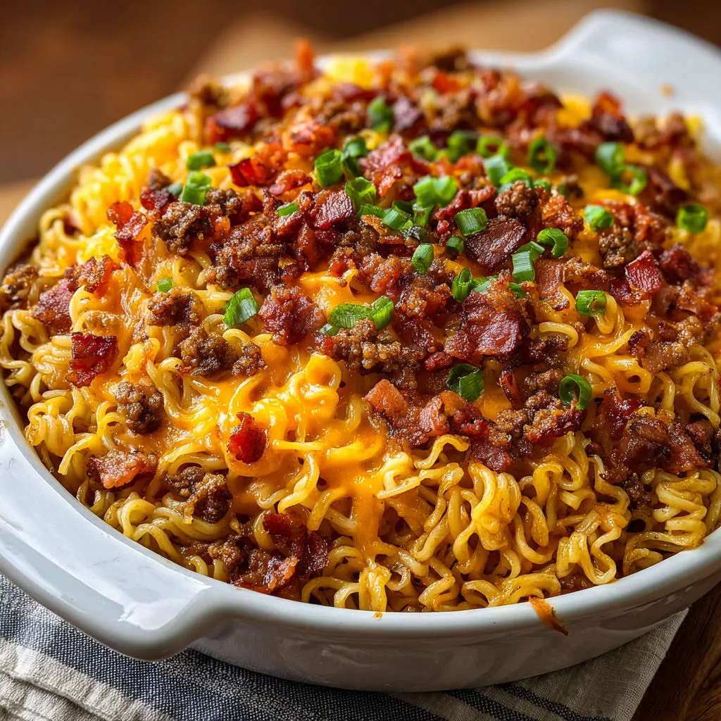 Cheesy Bacon Burger Ramen Casserole