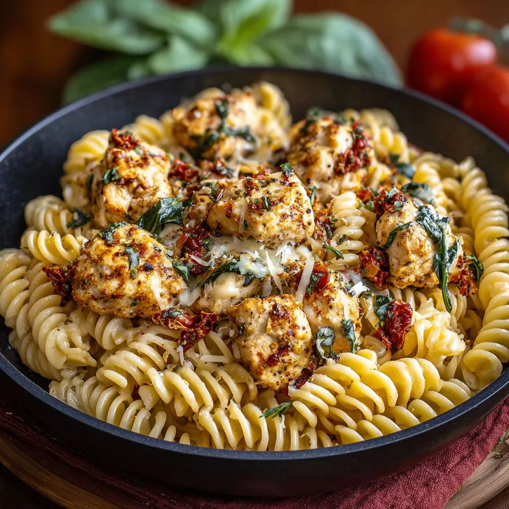 Creamy Tuscan Chicken Pasta with Melty Cheese