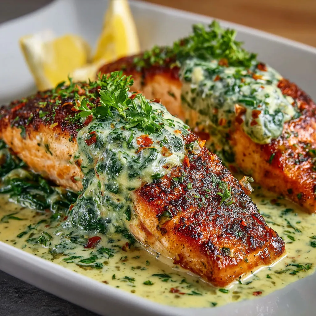 Delicious Baked Salmon with Spinach Sauce