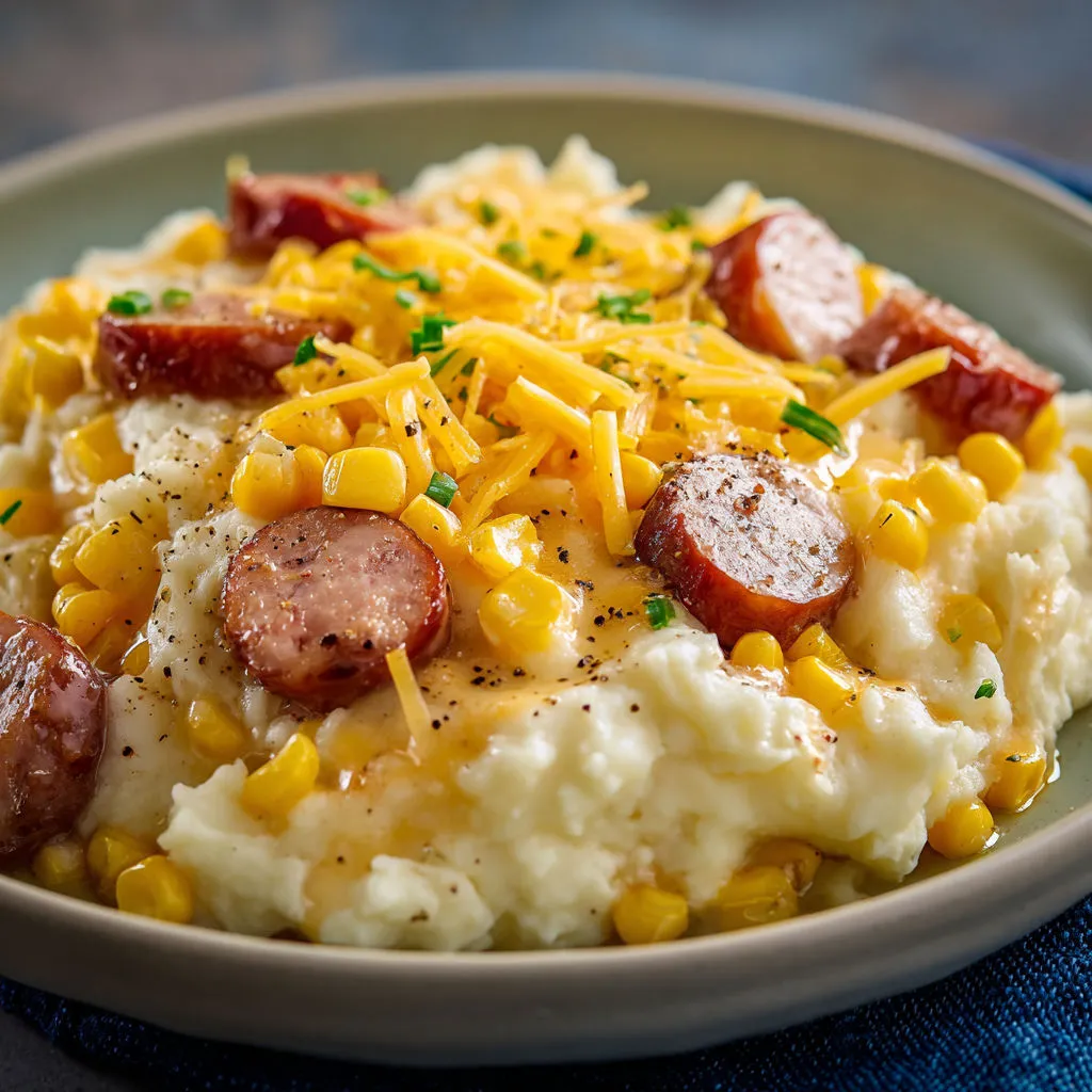 Savory Sausage with Creamy Mashed Potatoes and Sweet Corn