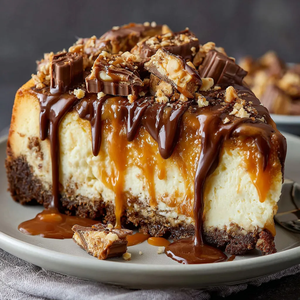 Decadent Snickers Chocolate Caramel Cheesecake