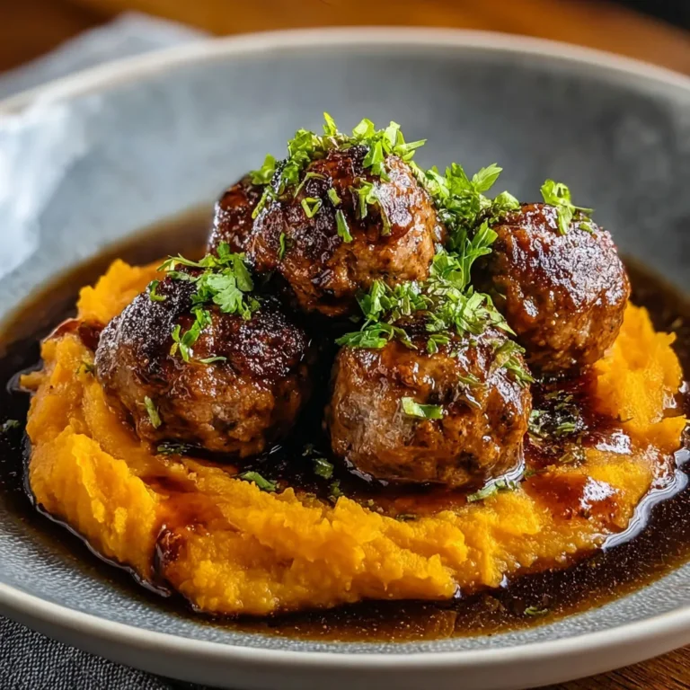 Savory Pork Meatballs with Sweet Potato Mash