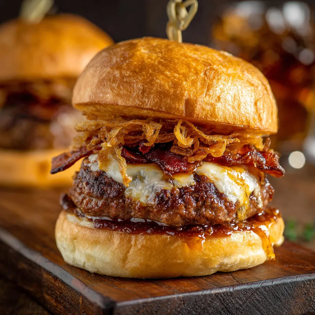 Savory Whiskey Burger with Mushrooms and Bacon