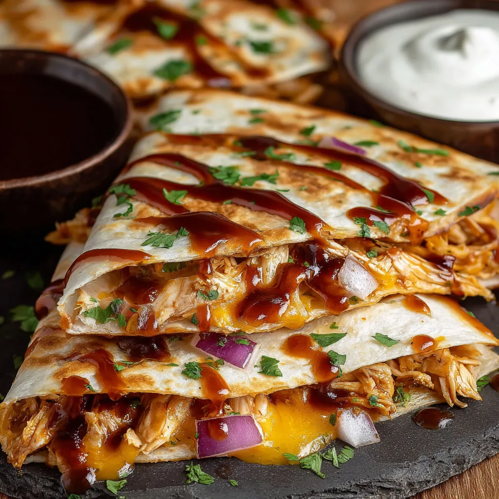 Spicy BBQ Chicken Quesadillas with Hot Honey Drizzle